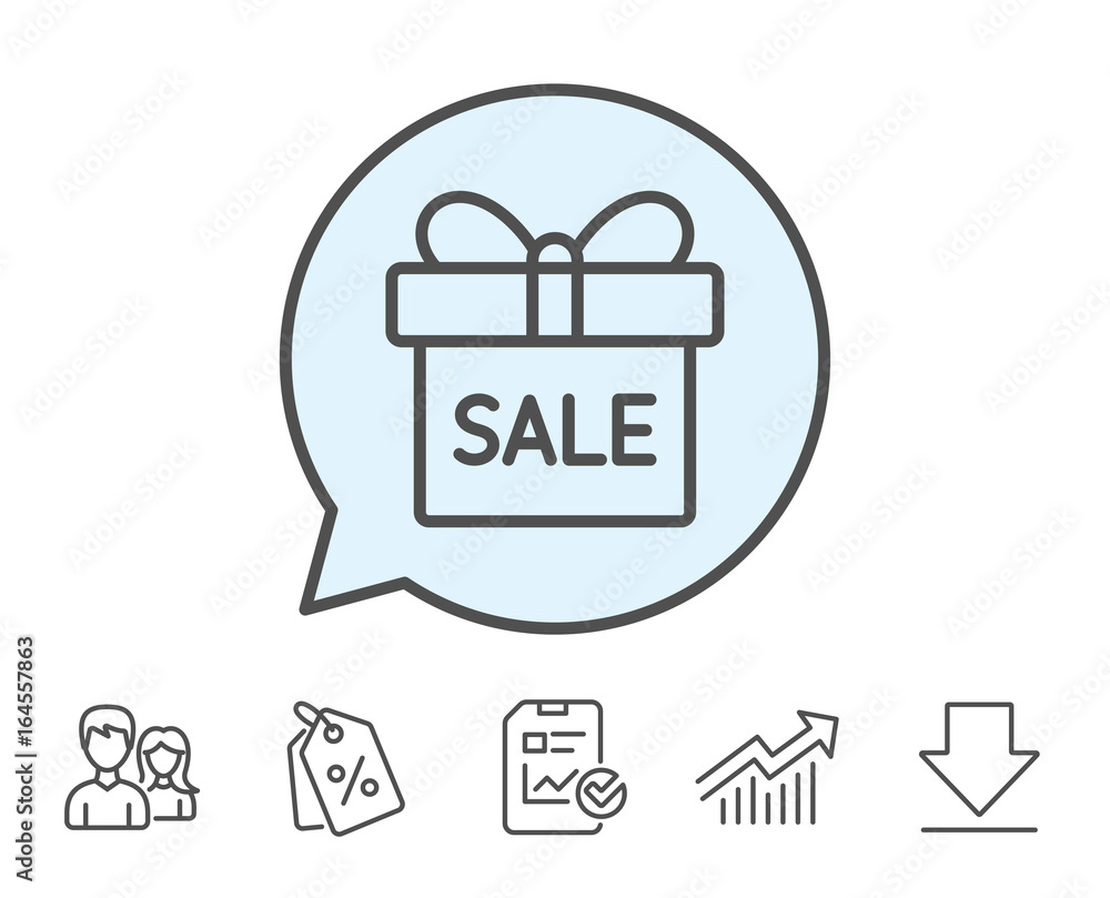 Gift box line icon. Present or Sale sign. Birthday Shopping symbol. Package in Gift Wrap. Report, Sale Coupons and Chart line signs. Download, Group icons. Editable stroke. Vector Gift box line icon. Present or Sale sign. Birthday Shopping symbol. Package in Gift Wrap. Report, Sale Coupons and Chart line signs. Download, Group icons. Editable stroke. Vector