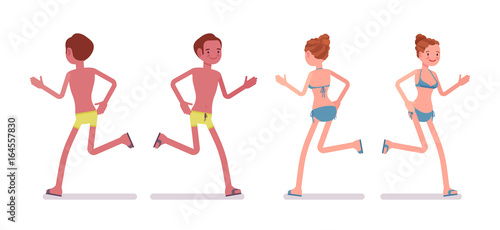 Running young tanned man and woman