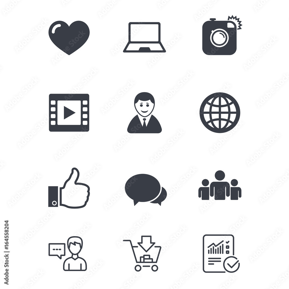 Social media icons. Video, share and chat signs. Human, photo camera and like symbols. Customer service, Shopping cart and Report line signs. Online shopping and Statistics. Vector