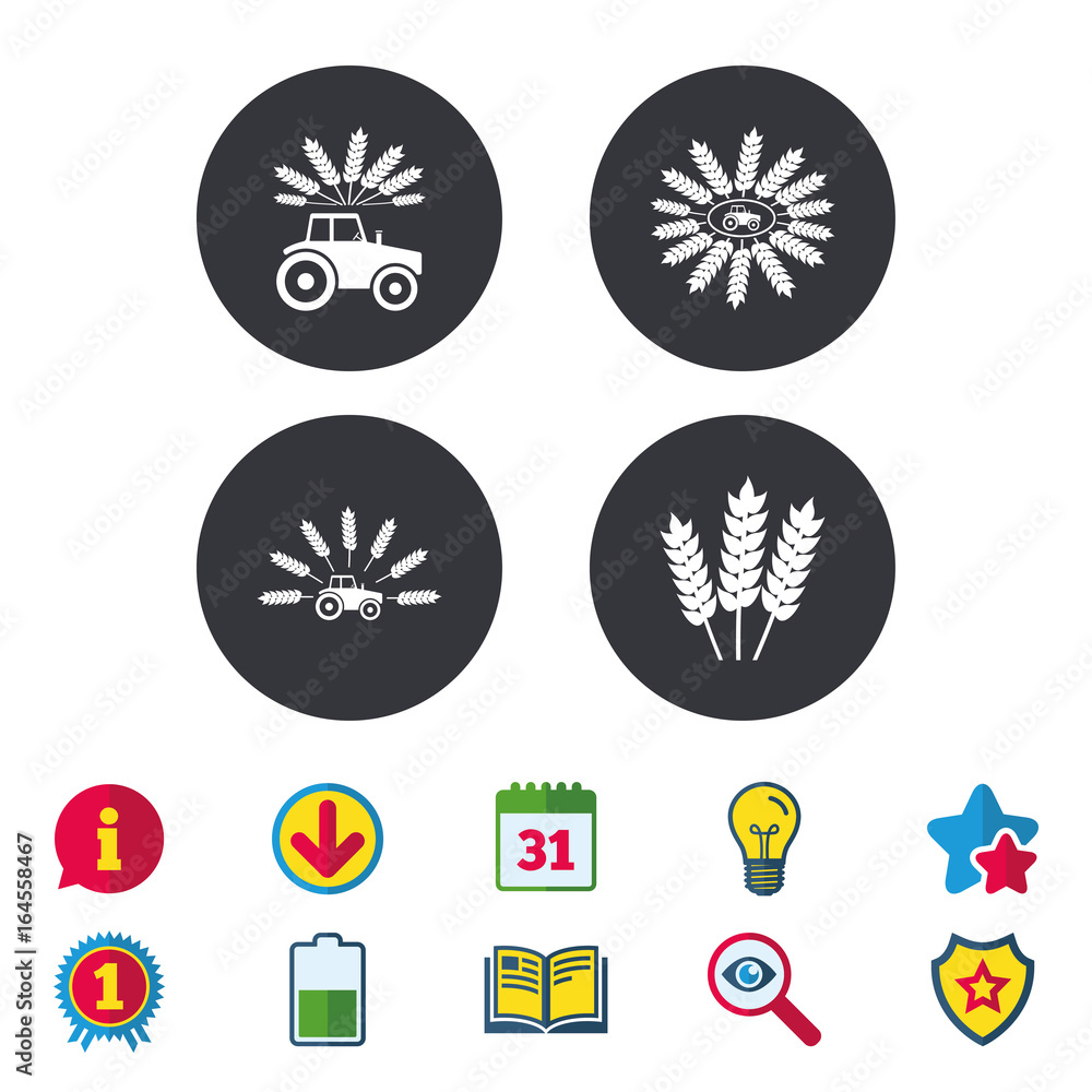Tractor icons. Wreath of Wheat corn signs. Agricultural industry transport symbols. Calendar, Information and Download signs. Stars, Award and Book icons. Light bulb, Shield and Search. Vector
