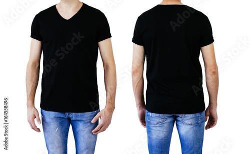 Shirt design and people concept - closeup of young man in blank V-neck short sleeve black tshirt front and rear isolated. Mock up template for design print