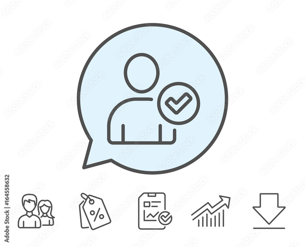 Checked User line icon. Profile Avatar with Tick sign. Person silhouette symbol. Report, Sale Coupons and Chart line signs. Download, Group icons. Editable stroke. Vector Checked User line icon. Profile Avatar with Tick sign. Person silhouette symbol. Report, Sale Coupons and Chart line signs. Download, Group icons. Editable stroke. Vector