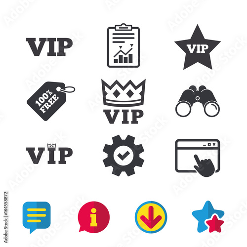 VIP icons. Very important person symbols. King crown and star signs. Browser window, Report and Service signs. Binoculars, Information and Download icons. Stars and Chat. Vector