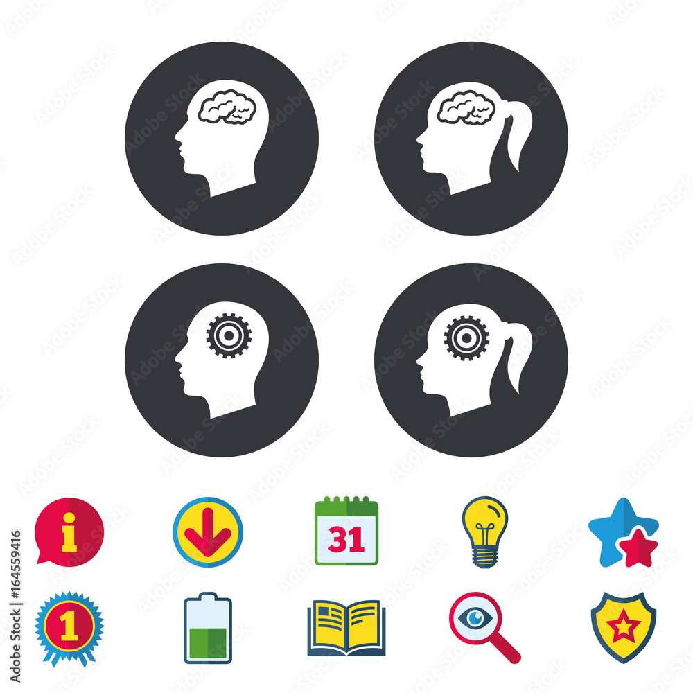 Head with brain icon. Male and female human think symbols. Cogwheel gears signs. Woman with pigtail. Calendar, Information and Download signs. Stars, Award and Book icons. Vector