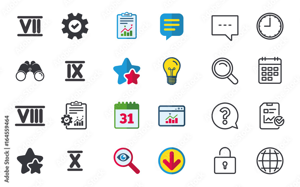 Roman numeral icons. 7, 8, 9 and 10 digit characters. Ancient Rome numeric system. Chat, Report and Calendar signs. Stars, Statistics and Download icons. Question, Clock and Globe. Vector Roman numeral icons. 7, 8, 9 and 10 digit characters. Ancient Rome numeric system. Chat, Report and Calendar signs. Stars, Statistics and Download icons. Question, Clock and Globe. Vector