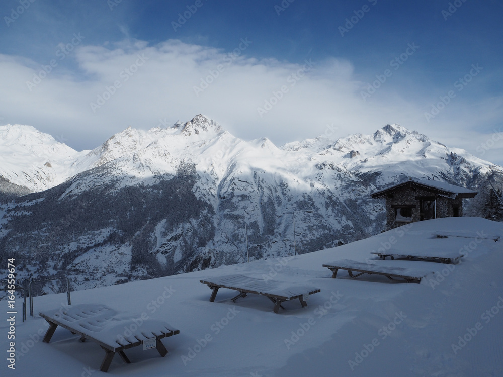 Alpine mountain view in europe winter snow