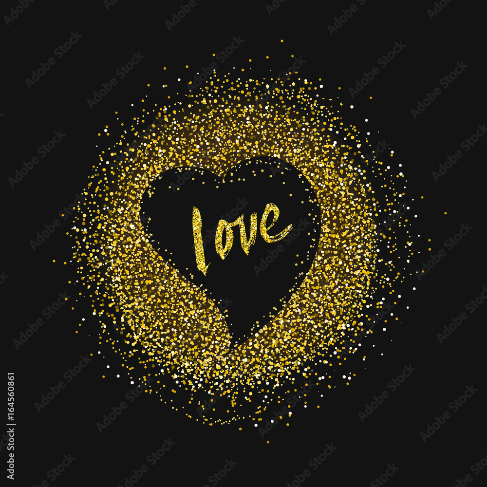Gold glitter dust splashing confetti circle with heart and gold love lettering text inside over black background vector illustration. Gold glitter dust splashing confetti circle with heart and gold love lettering text inside over black background vector illustration.