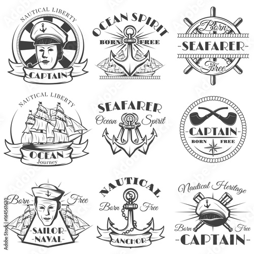 Sailor naval vector vintage label, badge, or emblem in monochrome style.