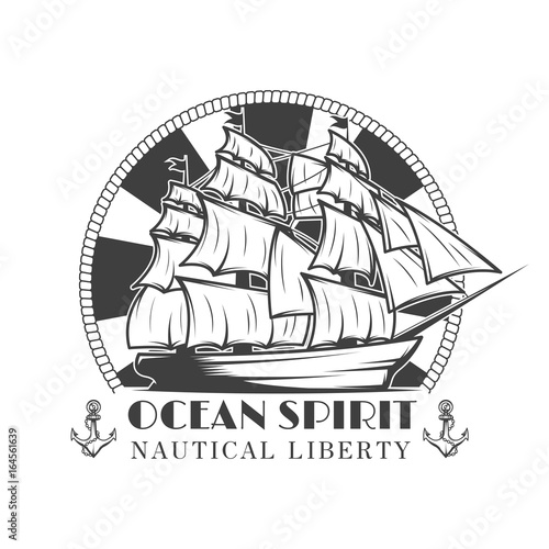 Sailor naval vector vintage label, badge, or emblem in monochrome style with ship and anchor