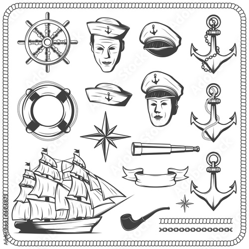 Vintage sailor naval icon set in monochrome style illustration