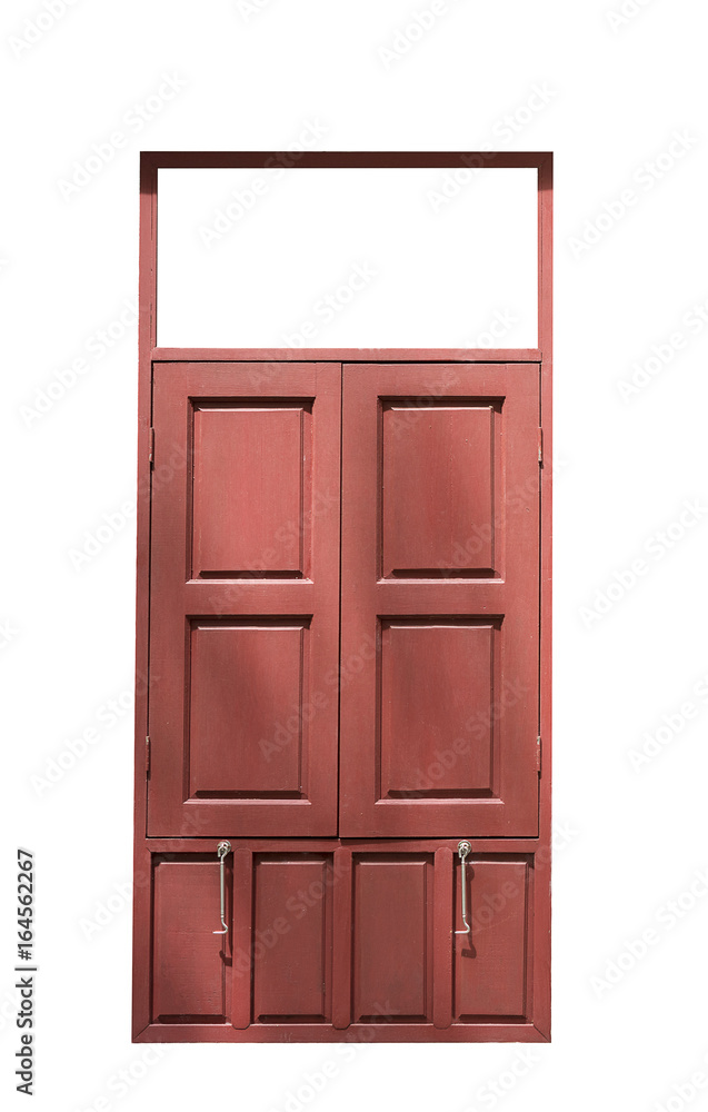 Old red wood twin window close isolated on white background Old red wood twin window close isolated on white background