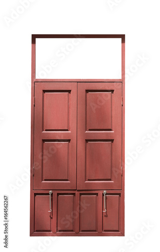 Old red wood twin window close isolated on white background