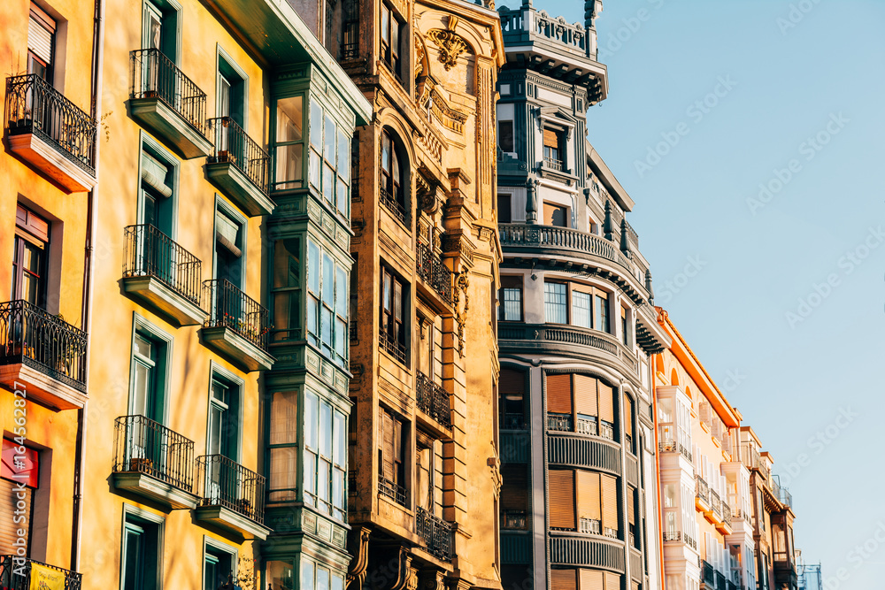 colorful facades of Bilbao old town; spain
