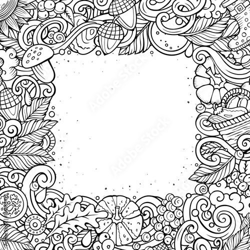 Cartoon cute doodles hand drawn Autumn frame design. All items are separate.