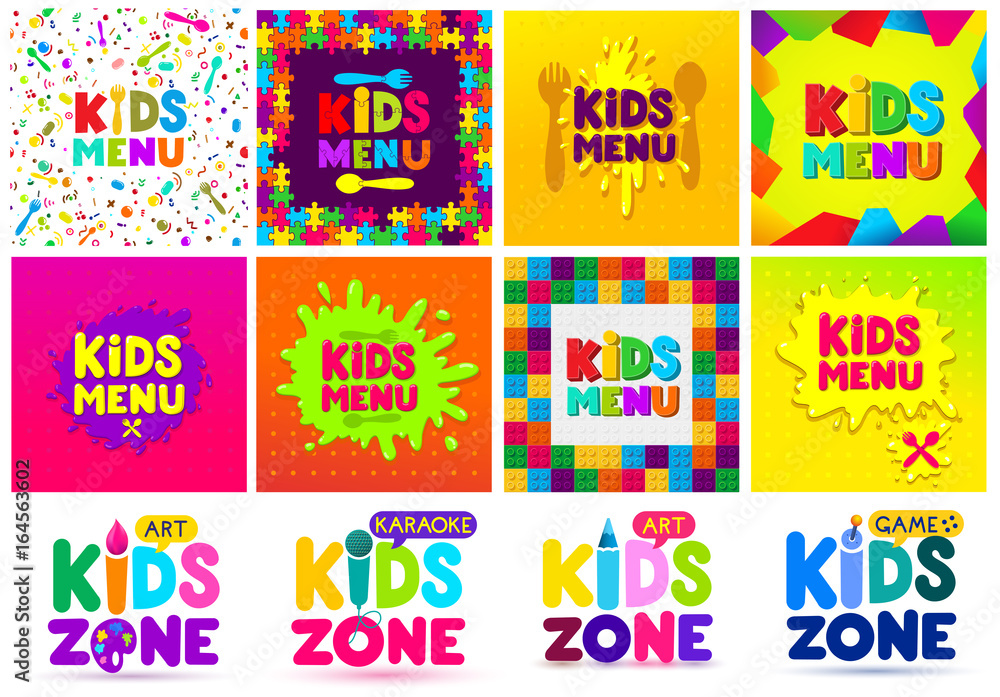 Kids Menu and Kids Zone banner design big set. Children Playground. Colorful logos. Vector illustration. Isolated on white background. Kids Menu and Kids Zone banner design big set. Children Playground. Colorful logos. Vector illustration. Isolated on white background.