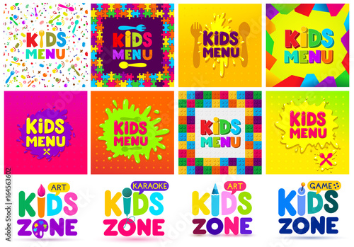 Kids Menu and Kids Zone banner design big set. Children Playground. Colorful logos. Vector illustration. Isolated on white background.