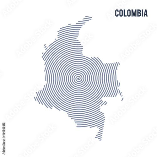 Vector abstract hatched map of Colombia with spiral lines isolated on a white background.