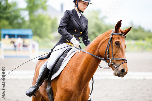 Young rider girl on sorrel horse at dressage equestrian competition © skumer