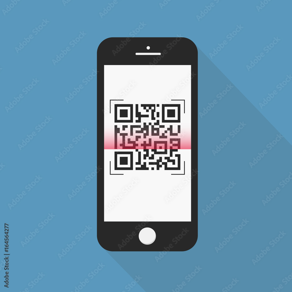 Flash Design with long shadow the smart phone with QR code on screen. The concept is QR code Scan on Smart Phone ,vector design Element illustration Flash Design with long shadow the smart phone with QR code on screen. The concept is QR code Scan on Smart Phone ,vector design Element illustration