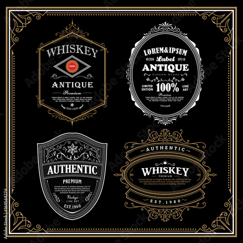 Set antique frame whiskey label Vintage border engraving retro vector illustration
