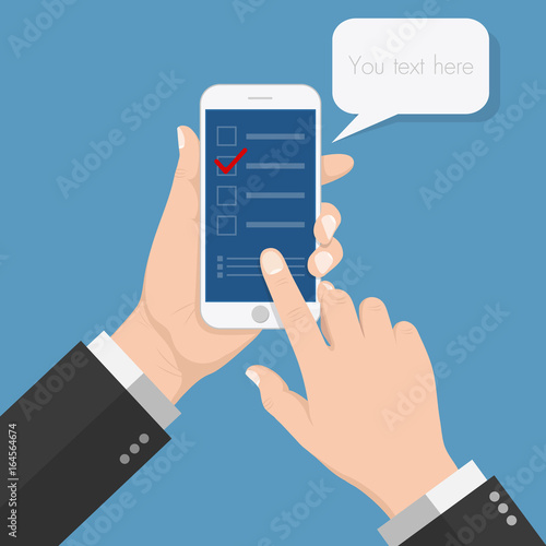 Flash Design style Human hand holding Smartphone with voting application on screen  ,vector design Element illustration