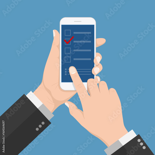 Flash Design style Human hand holding Smartphone with voting application on screen  ,vector design Element illustration