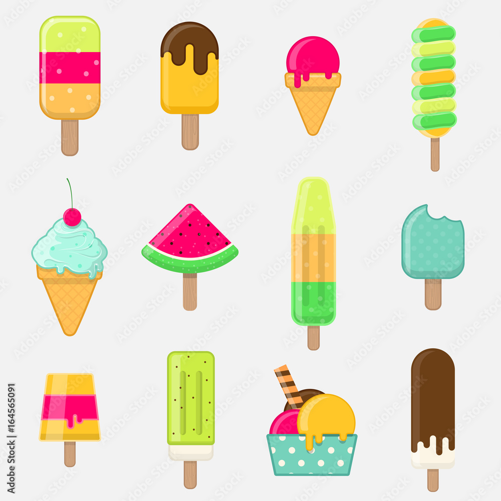 Set of colorful ice cream on stick with different toppings Set of colorful ice cream on stick with different toppings