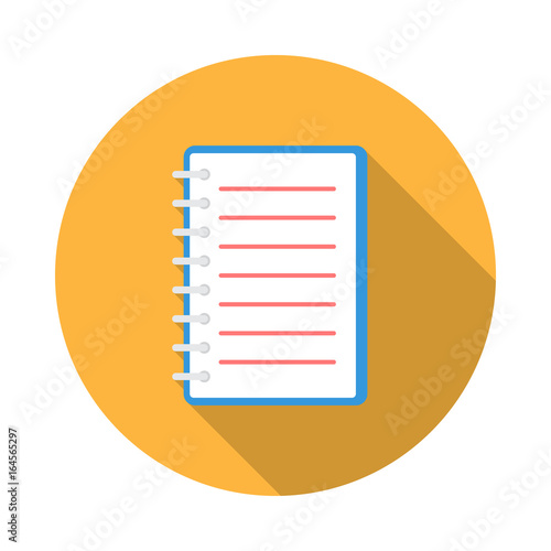 Notebook circle icon with long shadow. Flat design style. Notepad simple silhouette. Modern, minimalist, round icon in stylish colors. Web site page and mobile app design vector element.