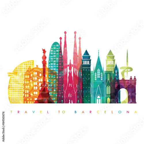 Barcelona skyline detailed silhouette. Travel and tourism background.