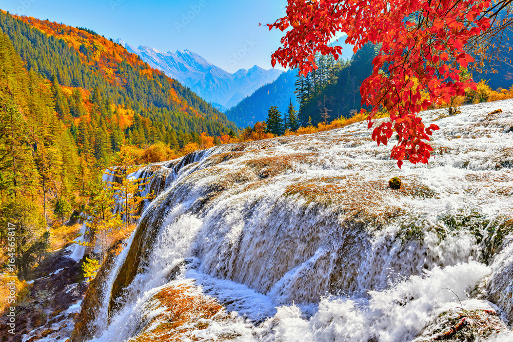 Fototapeta premium Autumn view of the waterfall with pure water.