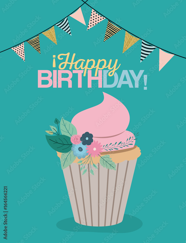 Fototapeta color pastel poster with decorative flags to party and sweet cupcake and text happy birthday vector illustration
