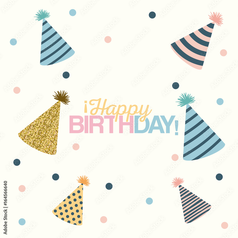 Obraz premium white dotted background with decorative party hat sets and text happy birthday in the center vector illustration