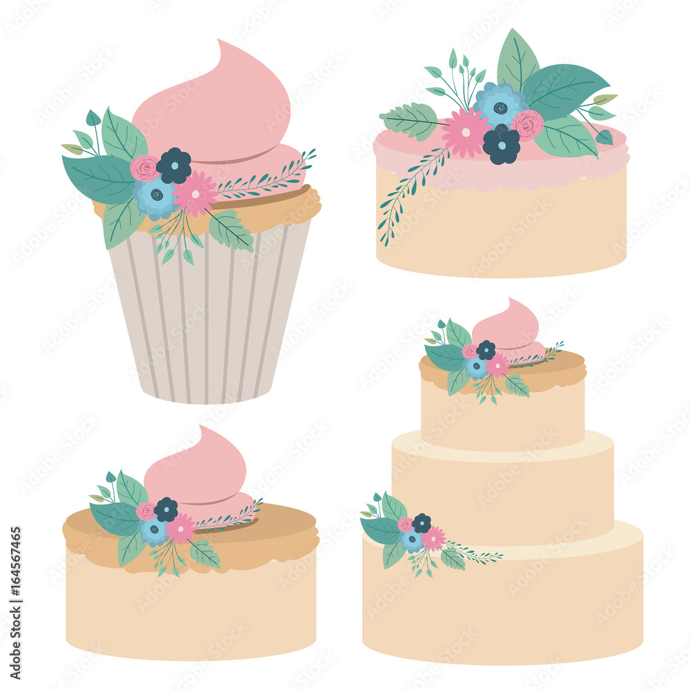 Fototapeta white background with colorful set cakes and cupcakes vector illustration