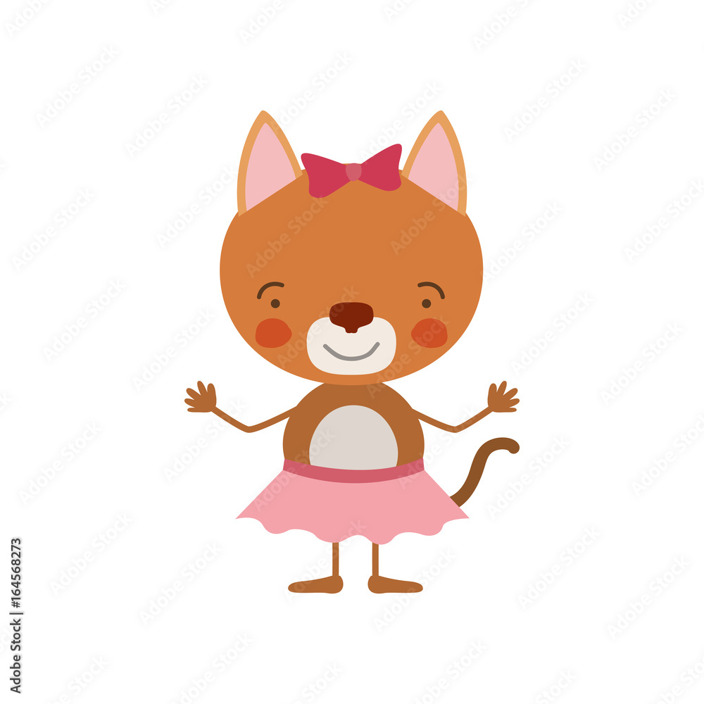colorful caricature of cute expression female cat in skirt with bow lace vector illustration