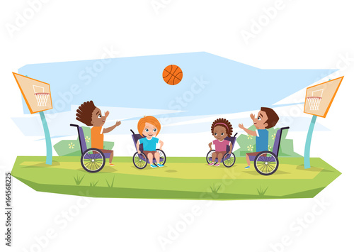 Children with disabilities playing basketball in the open air on the grass