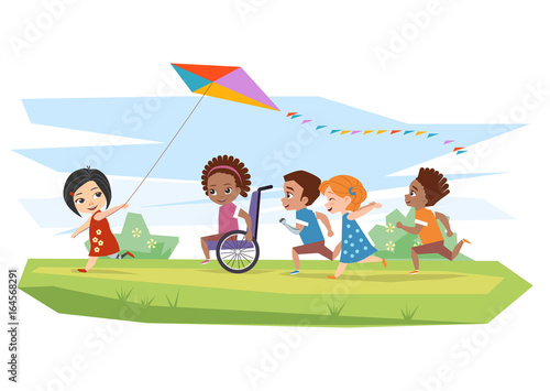 Joyful disabled children and healthy run and run kite outdoors on the grass