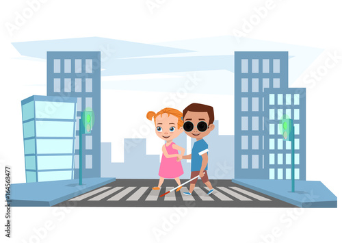 Girl helps a blind boy to cross the road at a traffic light