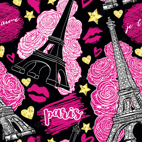 Paris. Vintage seamless pattern with Eiffel Tower, roses, kisses, hearts and stars with golden glitter foil texture. Vector illustration.