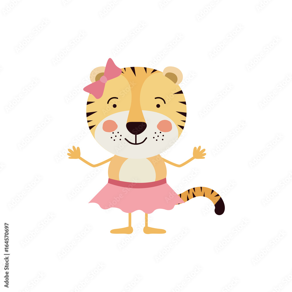 colorful caricature of cute smile expression female tigress in skirt with bow lace vector illustration colorful caricature of cute smile expression female tigress in skirt with bow lace vector illustration