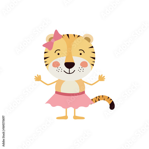 colorful caricature of cute smile expression female tigress in skirt with bow lace vector illustration
