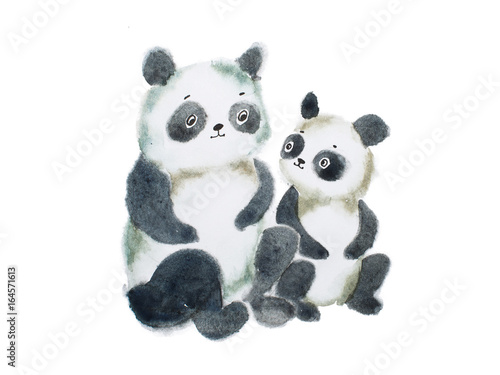 Two cute furry panda bears hand painted with watercolors © undrey