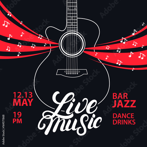 Live music poster with a guitar for concert, party.