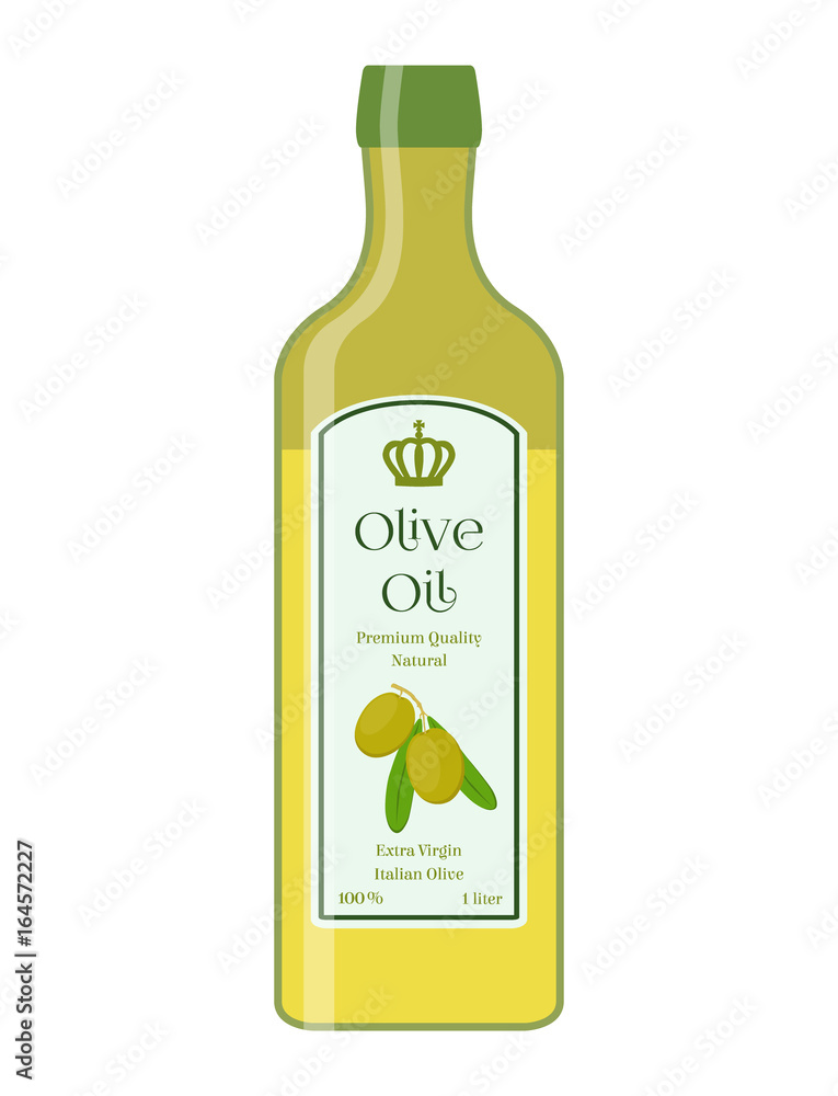 Olive oil, bottle of natural oil. Organic liquid. Vector illustration Olive oil, bottle of natural oil. Organic liquid. Vector illustration