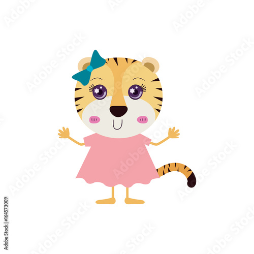 colorful caricature of cute happiness expression female tigress in dress with bow lace vector illustration