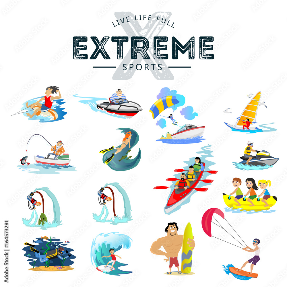 Set of water extreme sports icons, isolated design elements for summer  vacation activity fun concept, cartoon wave surfing, sea beach vector  illustration, active lifestyle adventure Stock Vector