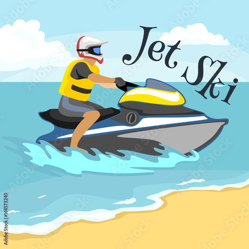 Jet ski water extreme sports, isolated design element for summer vacation activity concept, cartoon wave surfing, sea beach vector illustration, active lifestyle adventure