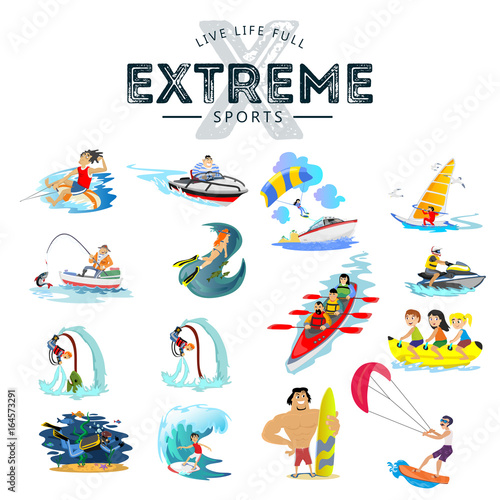 Set of water extreme sports icons, isolated design elements for summer vacation activity fun concept, cartoon wave surfing, sea beach vector illustration, active lifestyle adventure