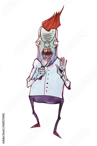 Fotografie Colored illustration of humanlike cartoon monster who looks like a TV host speak