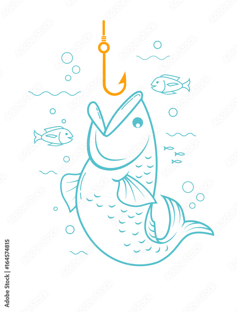 concept of fishing in the form of a fishing hook and a fish with an open  mouth. Icon in the linear style Stock Vector