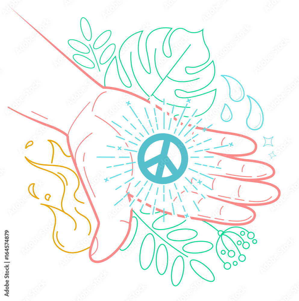 The concept of peace in the form of a hand with the symbol of peace giving life to the world. Icon in the linear style The concept of peace in the form of a hand with the symbol of peace giving life to the world. Icon in the linear style